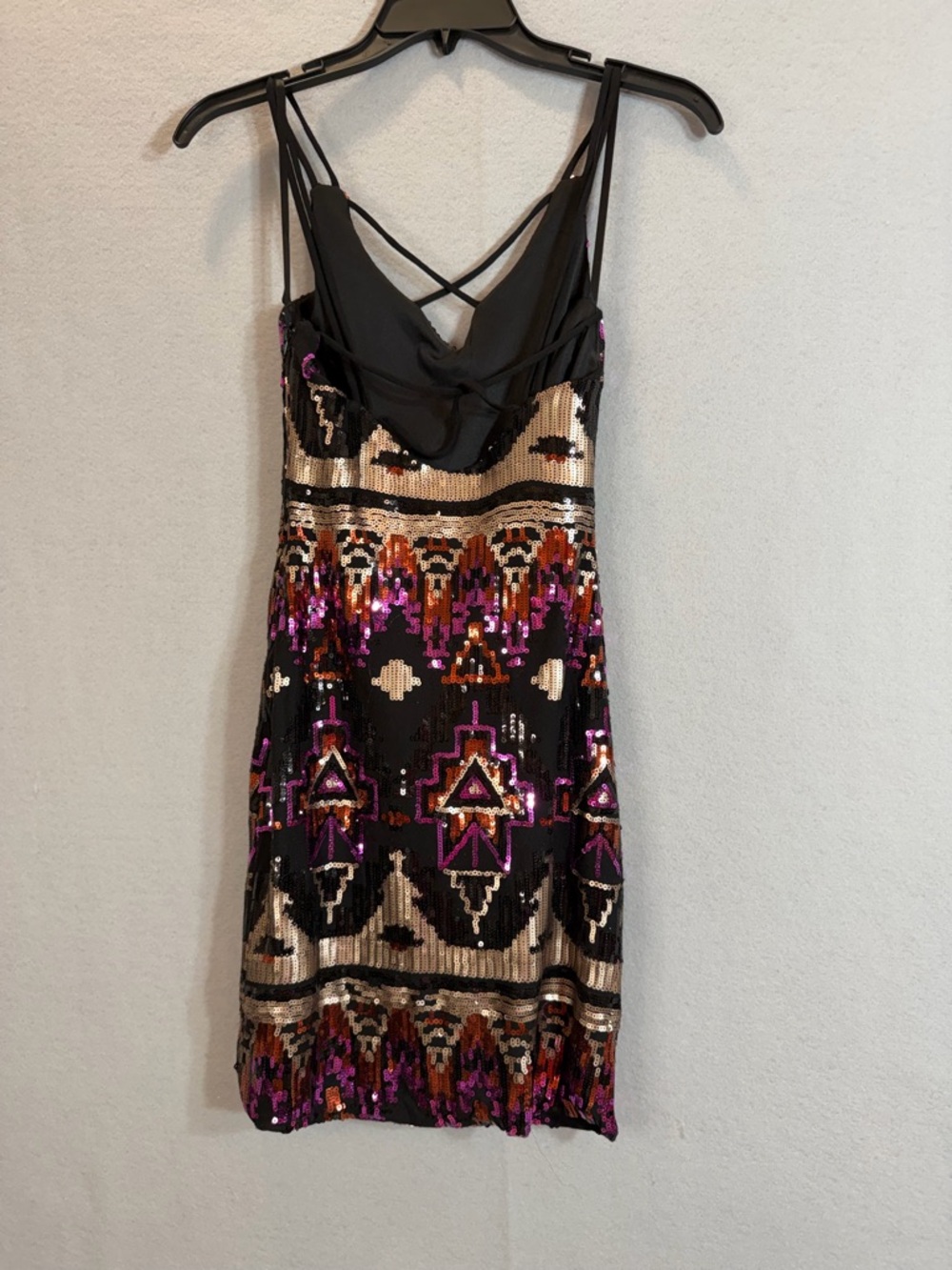 Sequin Mini Dress Size 1 Black Pink Geometric Aztec Strappy Party - Picture 7 of 15